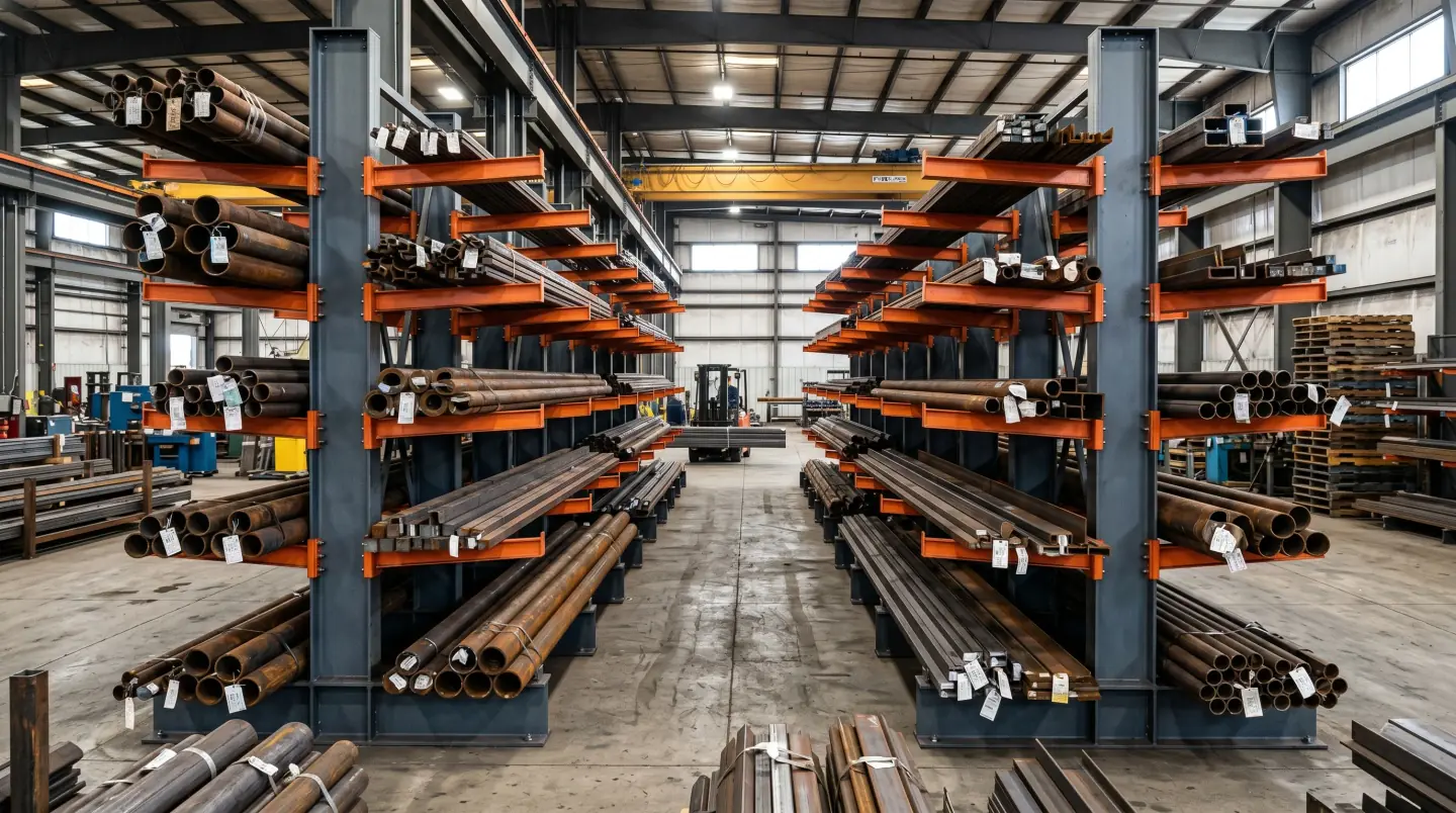 Heavy-duty structural cantilever rack storing pipe, steel, and lumber bundles in a Greater Nashville industrial distributor