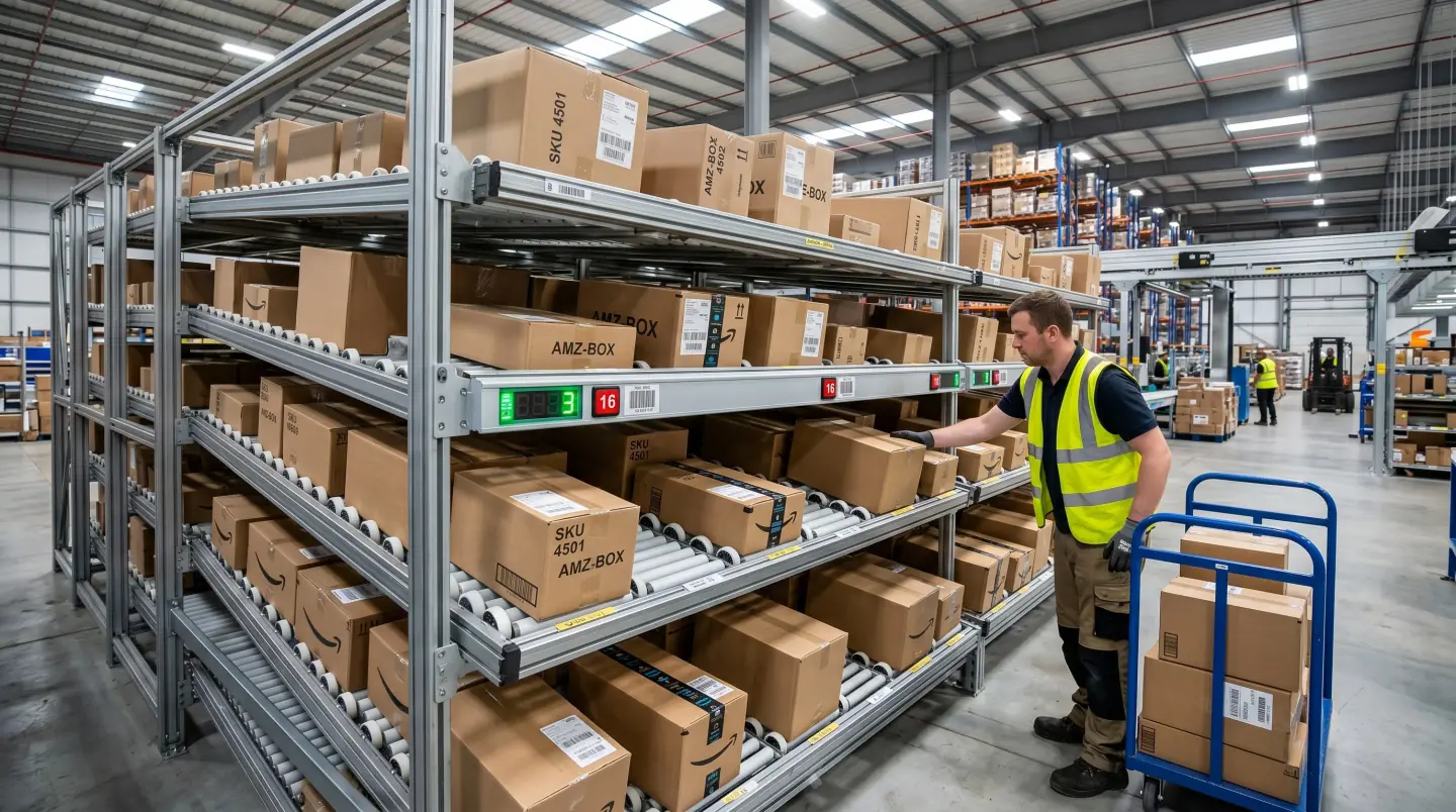 Multi-tier carton flow rack with skate-wheel tracks and warehouse operator picking cases in a Greater Nashville fulfillment center