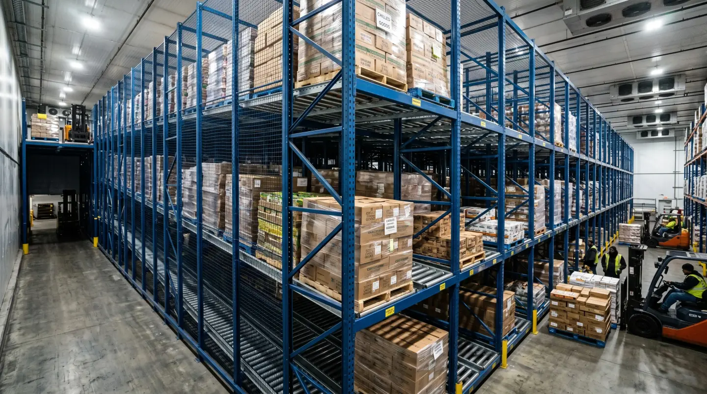 Deep-lane pallet flow rack with gravity rollers in a Greater Nashville refrigerated distribution center