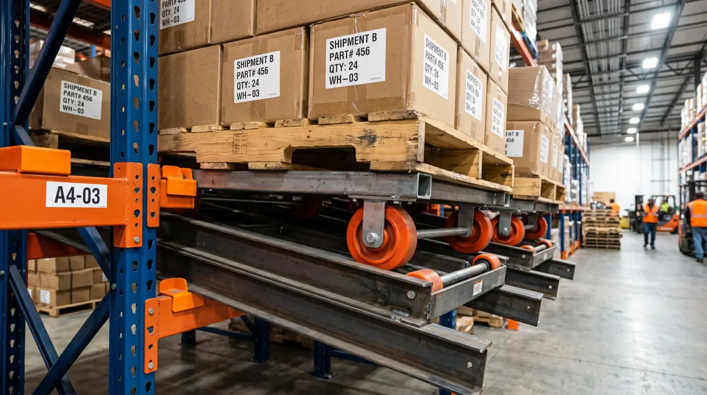 Pushback pallet rack system with nested carts and inclined rails in a Greater Nashville warehouse